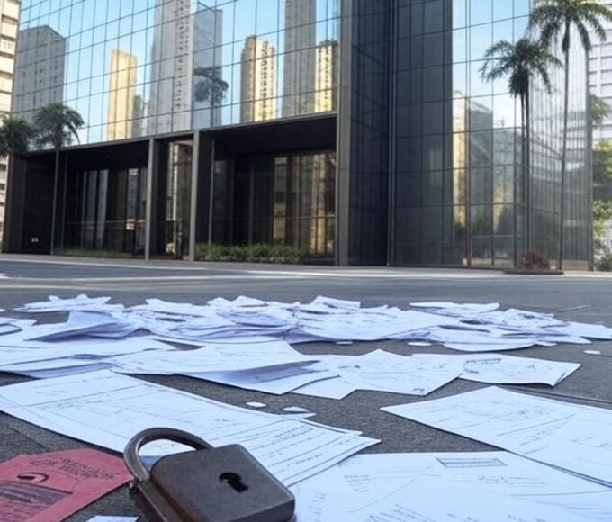 Edifício bancário em São Paulo com símbolos de fraude financeira, representando alerta sobre maior fraude bancária no Brasil.